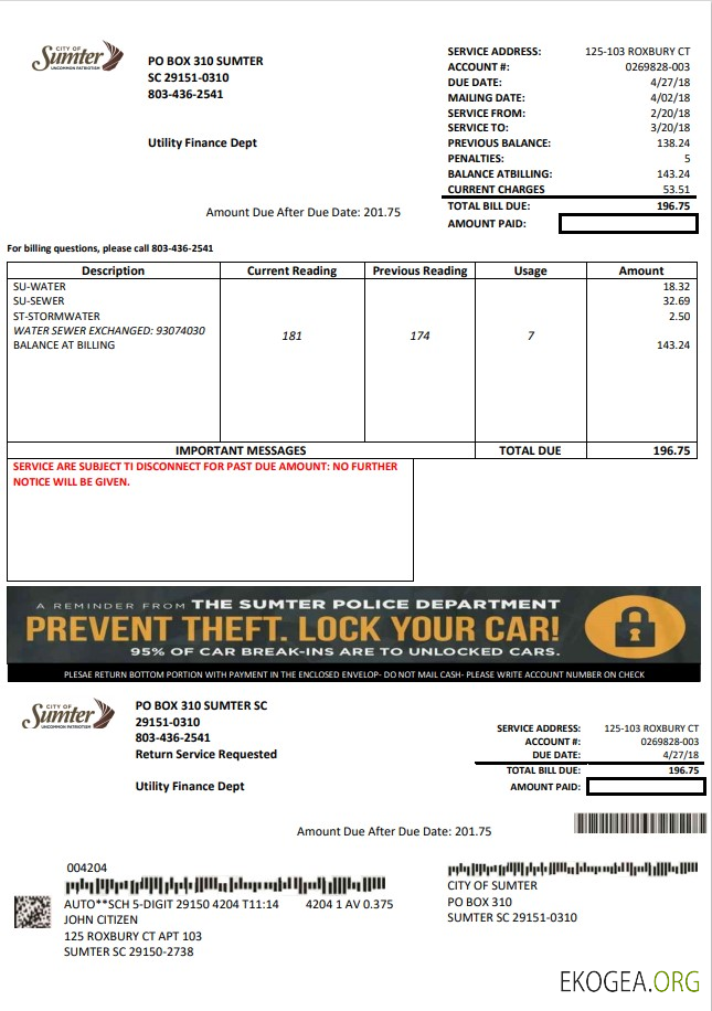 USA City of Sumter South Carolina water utility bill template in Word and PDF format